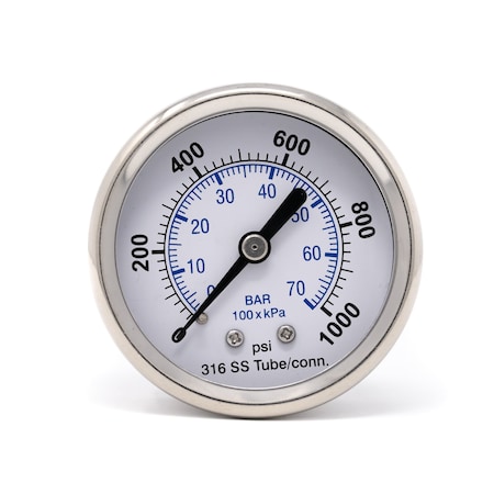 Pic Gauges 2 1/2 in Dial, 1/4 in NPT Male Center Back Location, Stainless Steel Case Material PRO-302D-254M-01